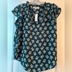 NWT Loft Green/White Patterned Ruffle Sleeve Blouse Size S